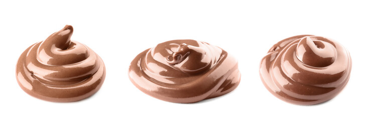 Sweet melted chocolate on white background