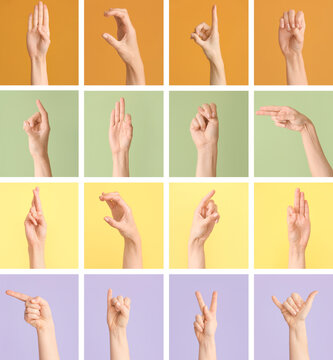 Hands showing different letters on color background. Sign language alphabet