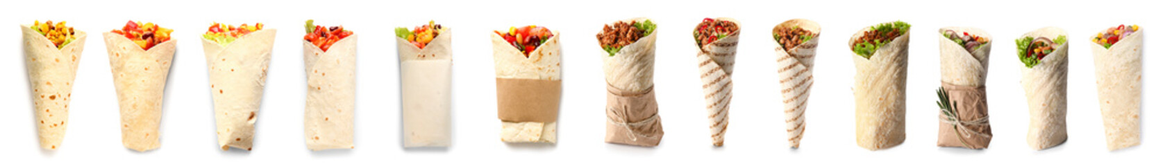 Set of tasty Mexican burritos on white background