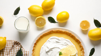 Delicious lemon tart with milk on light background