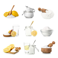 Collage of baking soda with lemons and water on white background