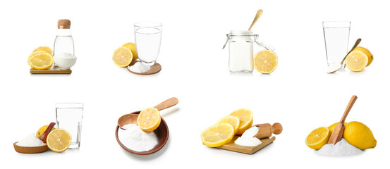 Collage of baking soda with lemons and water on white background