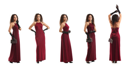 Set of elegant young African-American woman in beautiful long dress isolated on white