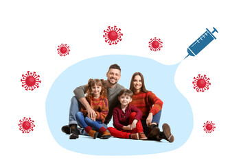 Healthy family, drawn syringe and viruses on white background. Concept of strong immunity due to...