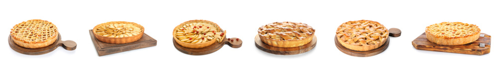 Set of tasty apple pies on white background