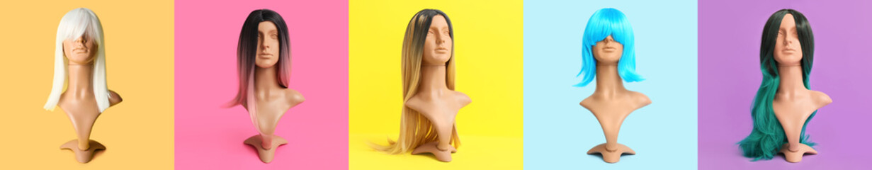 Set of mannequins with different wigs for women on colorful background