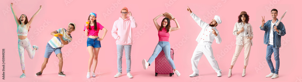 Wall mural set of different happy people on pink background