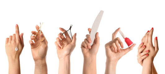 Female hands with set of supplies for manicure on white background