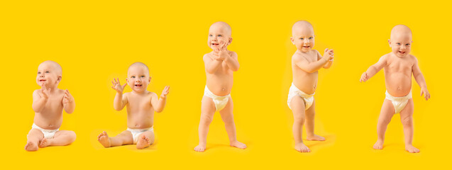 Set of cute happy baby on yellow background