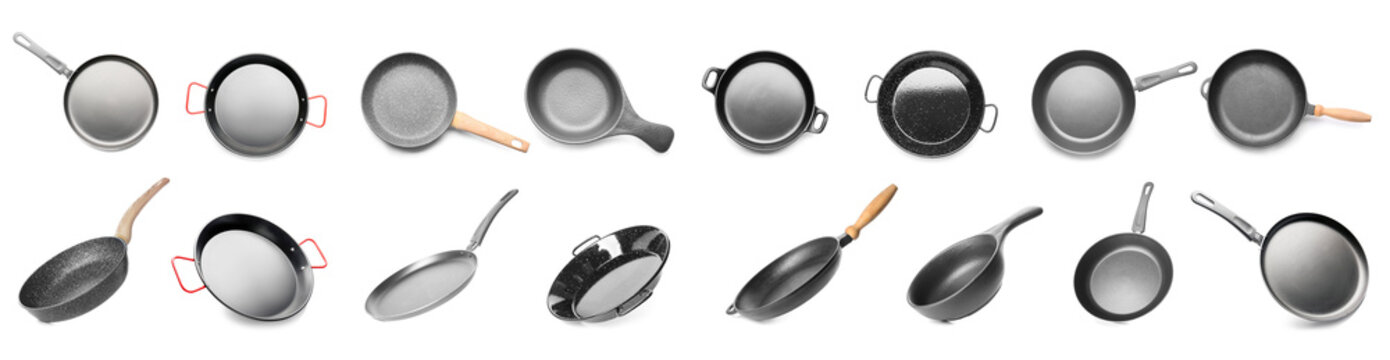 Set of empty frying pans on white background