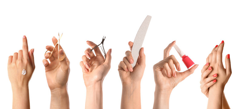 Female hands with set of supplies for manicure on white background