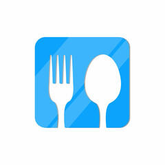 vector illustration of a spoon and fork icon in a minimalist glass glossy blue color box.
