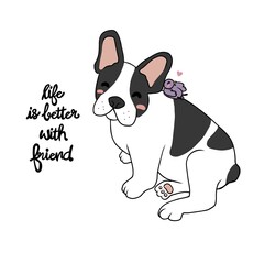 Boston terrier dog with little bird friend, Life is better with friend word cartoon vector illustration - 501449408