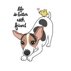Jack Russell Terrier dog with little bird friend, Life is better with friend word cartoon vector illustration - 501449410