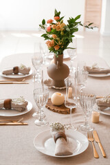 Beautiful table setting for wedding celebration in dining room