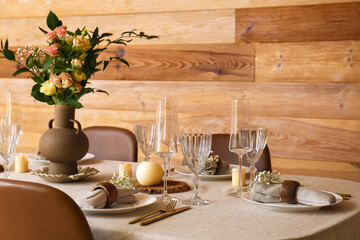 Beautiful table setting for wedding celebration in dining room
