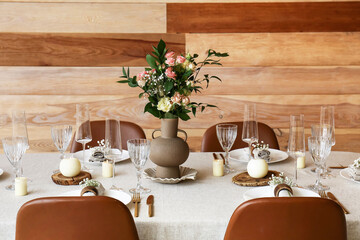 Beautiful table setting for wedding celebration in dining room
