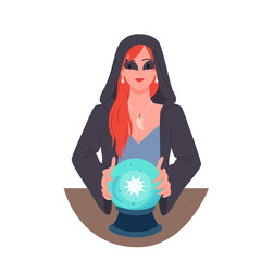 Fortune teller woman with crystal ball. Medium reading future, fate prediction, life events forecast, magical equipment, oracle consultation and advice vector illustration