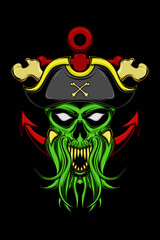Skull with tentacle and pirate hate vector illustration