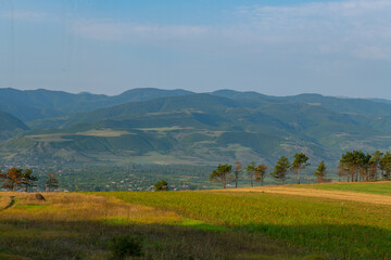 spacious green fields and mountains in georgia in summer