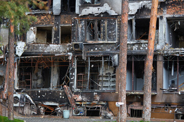 War of Russia against Ukraine. A residential building damaged by an enemy aircraft in the Ukrainian. Consequences of the war, damaged grocery market by the troops of the Russian army.