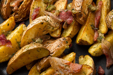 Delicious Fried Potato Bratkartoffeln With Bacon and Onion close up in the black plate on the table.