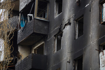 War of Russia against Ukraine. A residential building damaged by an enemy aircraft in the Ukrainian. Consequences of the war, damaged grocery market by the troops of the Russian army.