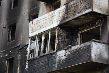 War of Russia against Ukraine. A residential building damaged by an enemy aircraft in the Ukrainian. Consequences of the war, damaged grocery market by the troops of the Russian army.