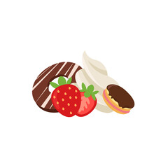 Fruit parfait and fruit soft cream Decorated with various desserts, donuts, macarons, chocolates.