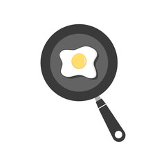 Frying pan with fried eggs icon on white background.