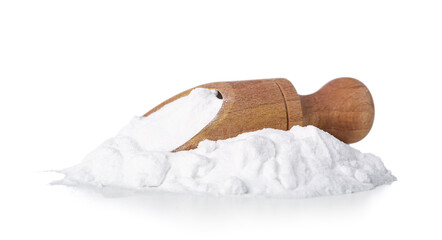 Pile of baking soda and scoop on white background