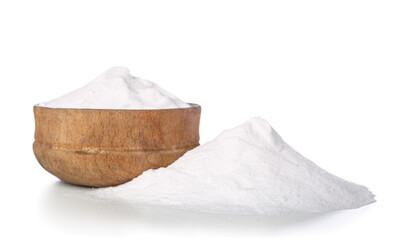 Bowl of baking soda on white background