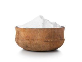 Bowl of baking soda on white background