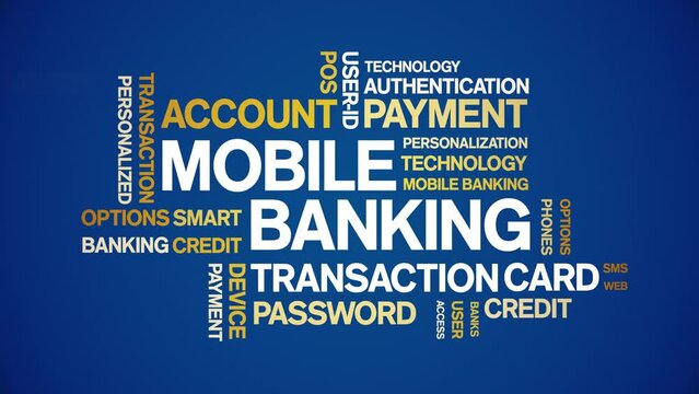 Mobile Banking animated tag word cloud;text design animation kinetic typography seamless loop.