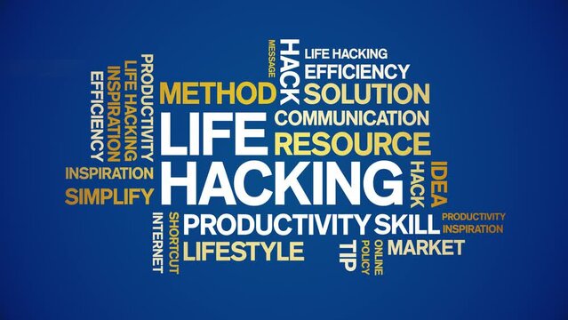 Life Hacking animated tag word cloud;text design animation kinetic typography seamless loop.
