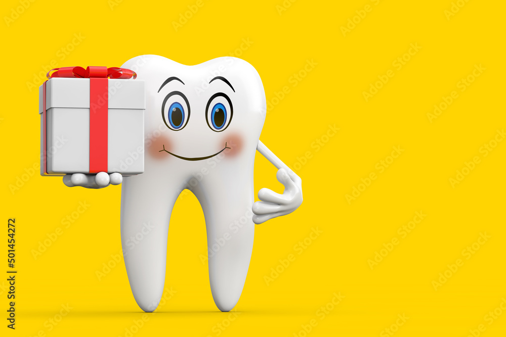 Aufkleber white tooth person character mascot and gift box with red ribbon. 3d rendering