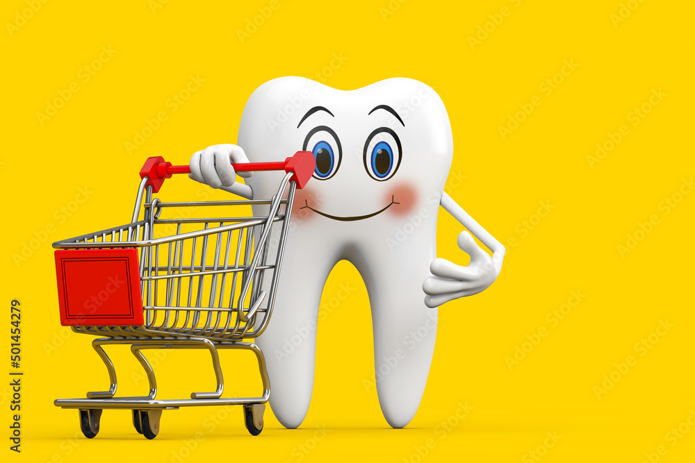 Poster White Tooth Person Character Mascot with Shopping Cart Trolley. 3d Rendering