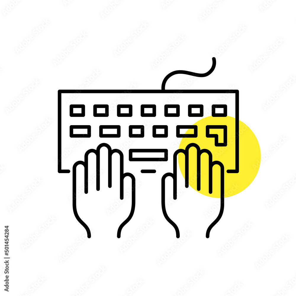 Poster user hands at a keyboard. gaming, coding or messaging. pixel perfect, line art icon