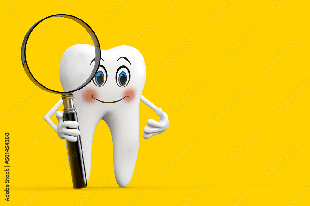 Aufkleber white tooth person character mascot with magnifying glass. 3d rendering