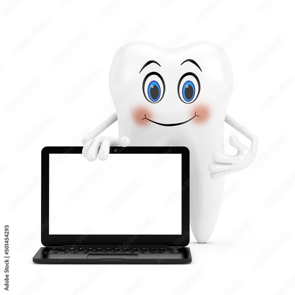 Poster white tooth person character mascot with modern laptop computer notebook and blank screen for your d