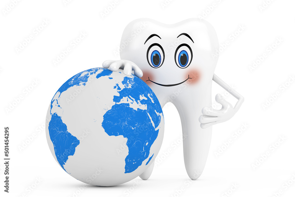 Aufkleber white tooth person character mascot with earth globe. 3d rendering
