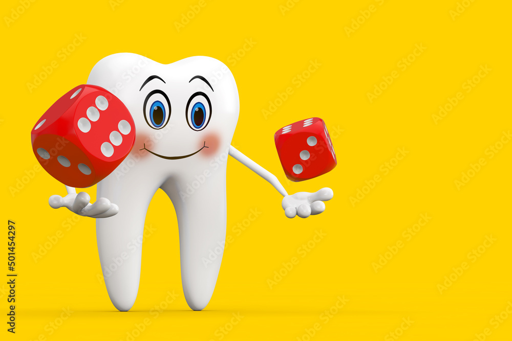 Leinwandbilder white tooth person character mascot with red game dice cubes in flight. 3d rendering