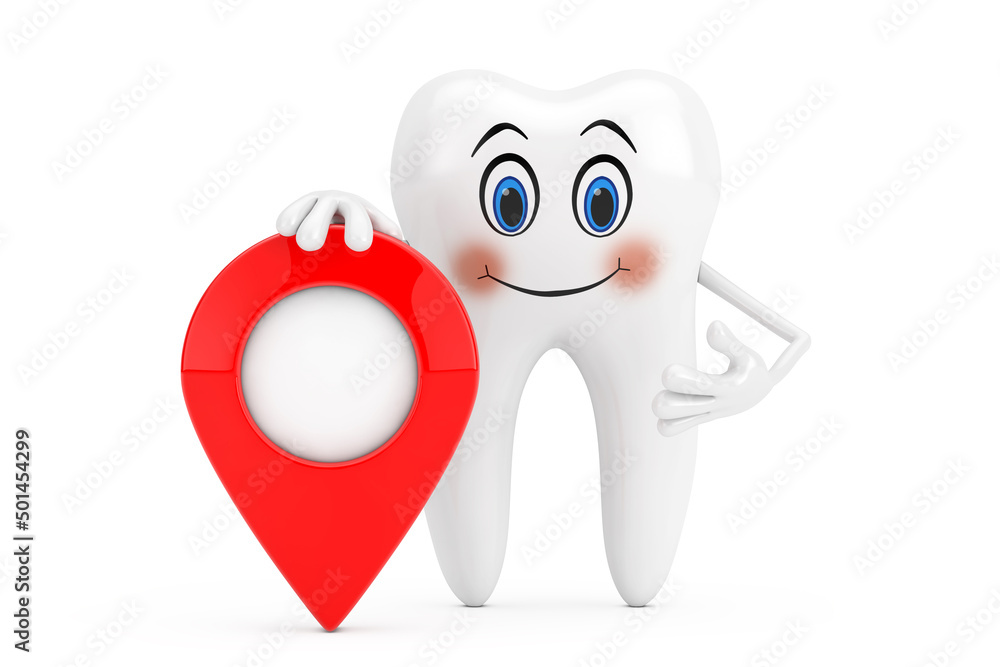 Aufkleber White Tooth Person Character Mascot with Red Map Pointer Target Pin. 3d Rendering