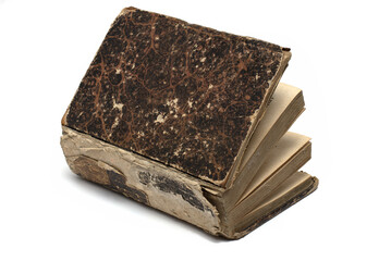 Closeup partially opened leather book white background