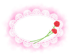 Carnation and oval lace frame drawn in digital watercolor(pink background)