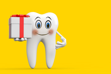 White Tooth Person Character Mascot and Gift Box with Red Ribbon. 3d Rendering