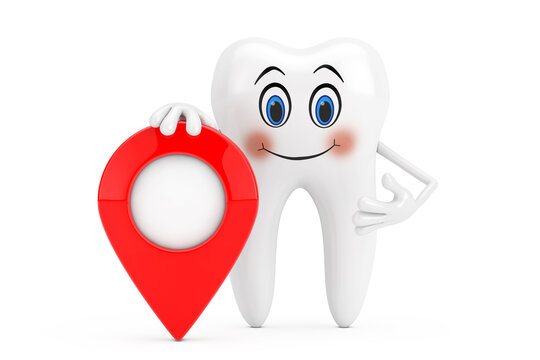 White Tooth Person Character Mascot With Red Map Pointer Target Pin. 3d Rendering