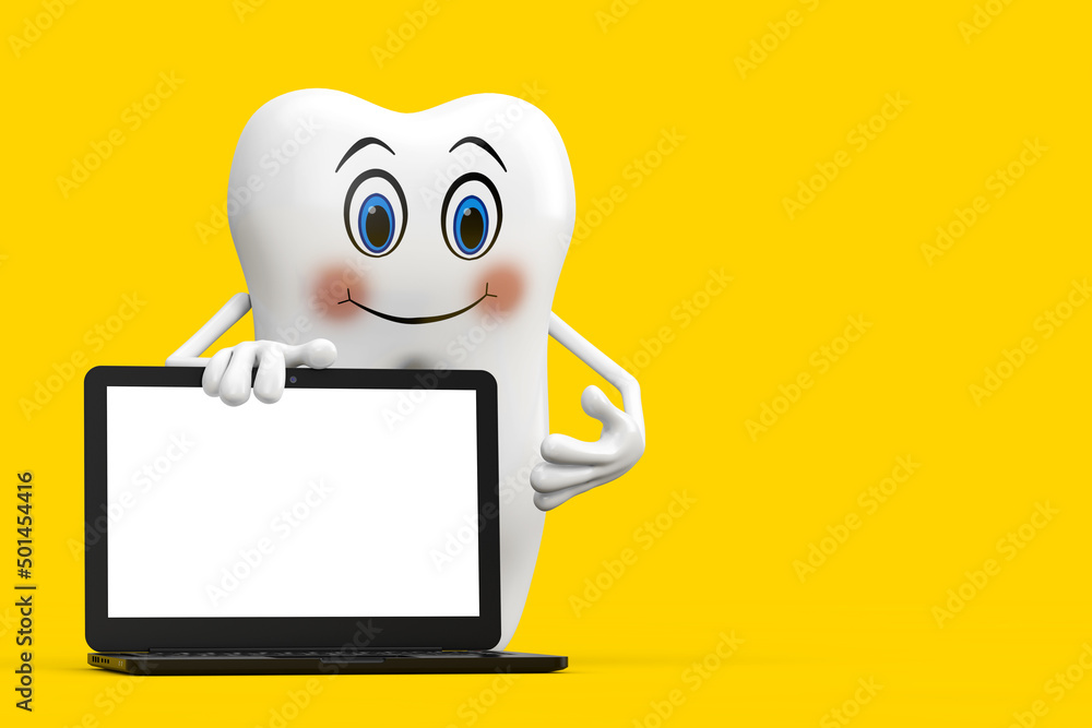 Poster white tooth person character mascot with modern laptop computer notebook and blank screen for your d