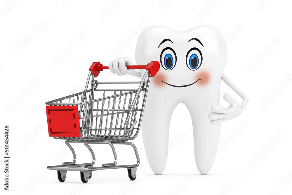 Aufkleber white tooth person character mascot with shopping cart trolley. 3d rendering