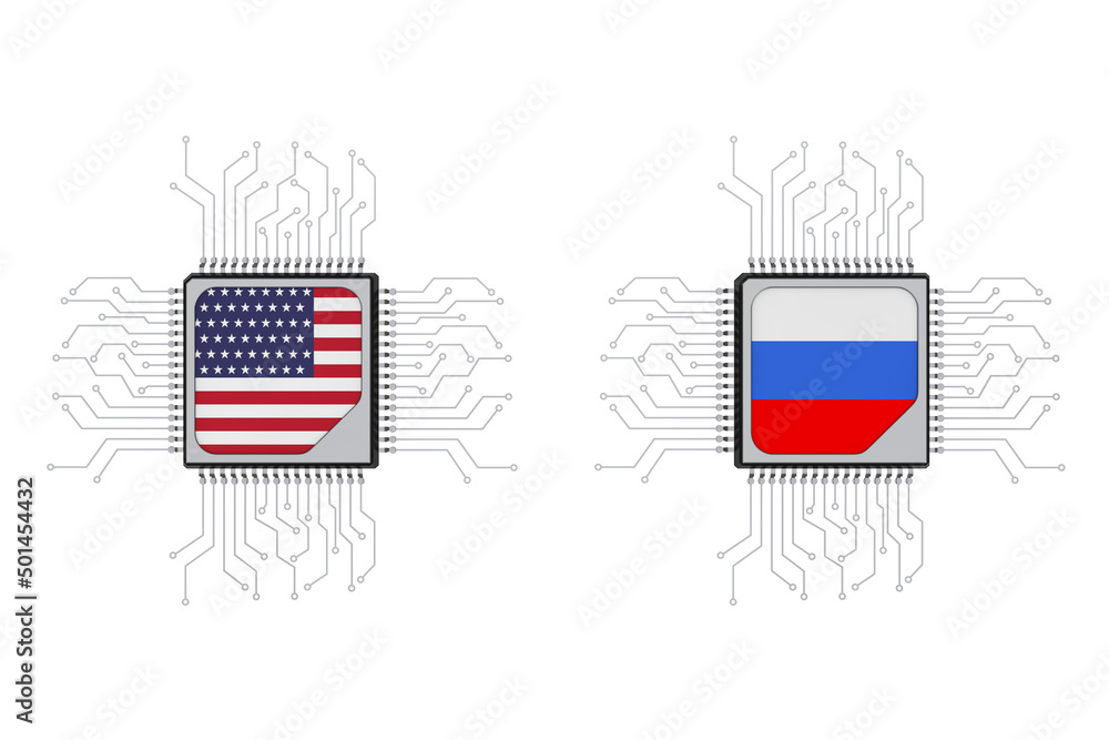 Poster Hybrid and Cyber War Concept. Microchip CPU Processors with Circuit and USA and Russia Flags. 3d Rendering
